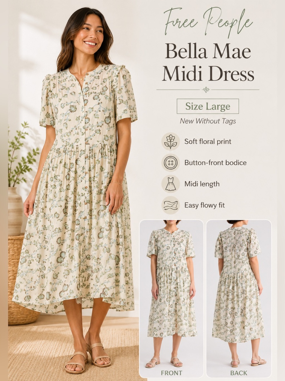 Free People Bella Mae Floral Button Front Midi Dress Cream Green Size Large NWOT
